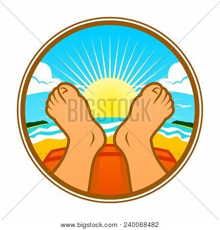 Feet Of A Man Resting On The Beach.