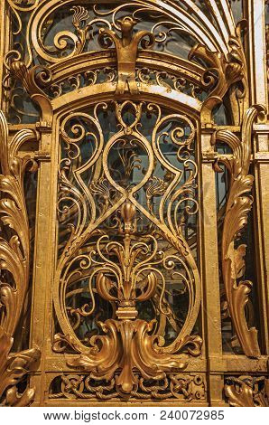 Paris, France - July 11, 2017. Close-up Of The Far-fetched Golden Gate Decoration At The Petit Palai