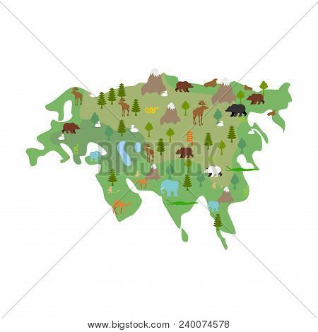 Eurasia Continent Map Animal And Plants. Flora And Fauna On Mainland. Vector