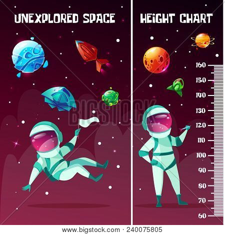 Vector Height Chart In Space Style With Astronauts Playing Darts, Holding Flag, Cosmic Objects - Une