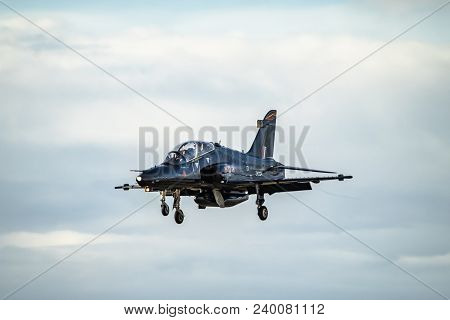 Anglesey , Wales - April 26 2018 : British Aerospace Hawk T.2 Landing At Anglesey Raf Valley Airport