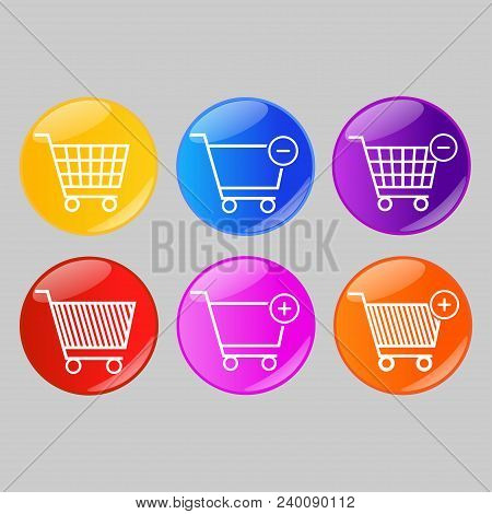 Set Of Glossy Shopping Cart Buttons Or Badges On Gray Background. Product Promotions. Shopping Carts