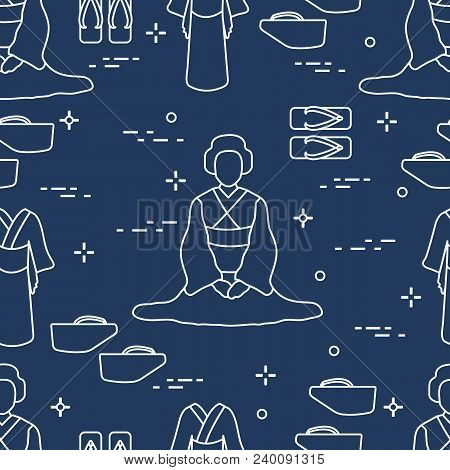 Seamless Pattern With Asian Woman, Traditional Japanese Clothing, Shoes. Travel And Leisure.