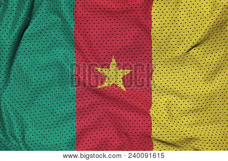 Cameroon Flag Printed On A Polyester Nylon Sportswear Mesh Fabric With Some Folds