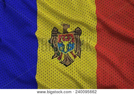 Moldova Flag Printed On A Polyester Nylon Sportswear Mesh Fabric With Some Folds