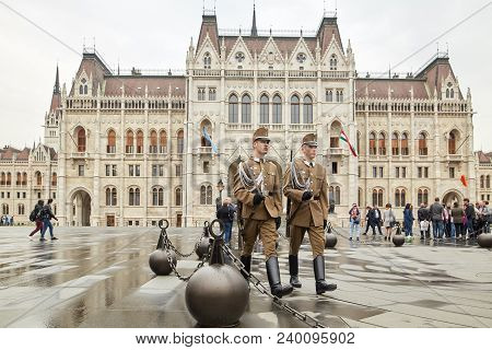 Budapest, Hungary - 17 April 2018: Honor Guard At The Hungarian Parliament.