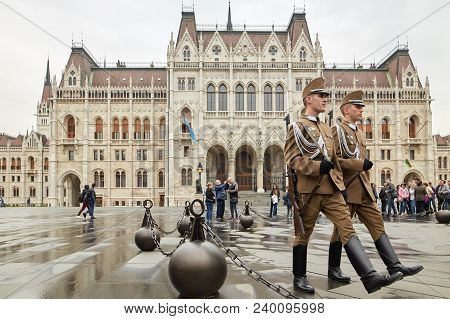 Budapest, Hungary - 17 April 2018: Honor Guard At The Hungarian Parliament.