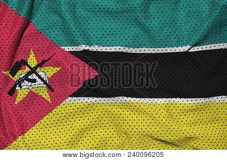 Mozambique Flag Printed On A Polyester Nylon Sportswear Mesh Fabric With Some Folds