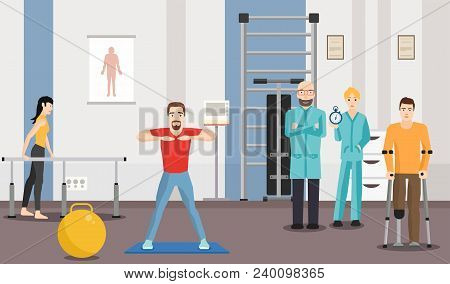 Rehabilitation Center, Physiotherapy Under Supervision Of Doctors. Vector Image.