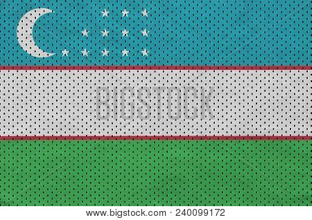 Uzbekistan Flag Printed On A Polyester Nylon Sportswear Mesh Fabric With Some Folds