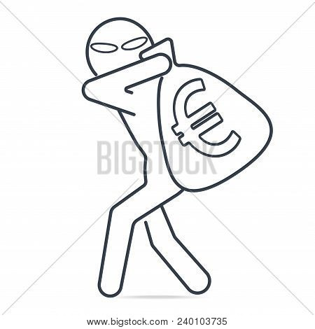 Thief Stealing Money And Euro Sign Icon. Simple Line Illustration