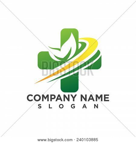 Medical Cross And Herbal Leaf. Medicine Pharmacy Logo. Medical Health Symbol. Herbal Health Care Log