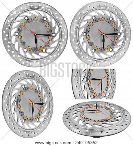 Handmade Clock Made Of Motorcycle Parts, Brake Disc Decorated With Handpainted Chain Parts.
