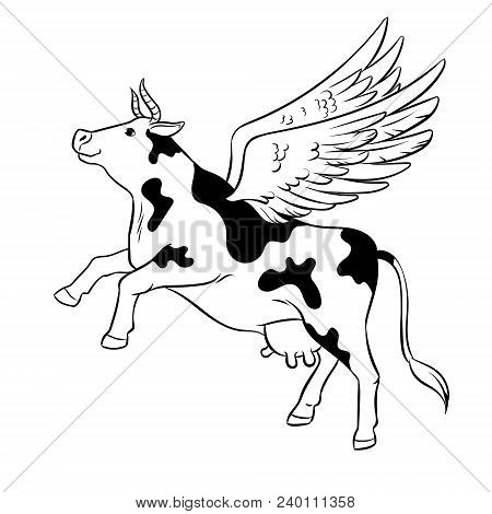 Fake Flying Cow Farm Animal Coloring Retro Vector Illustration. Isolated Image On White Background. 