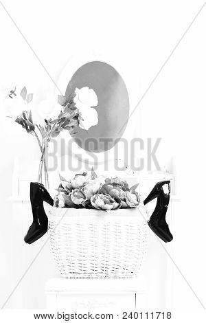 Black Patent Leather Shoes In Pink Vintage Basket With Colorful Peonies Near Transparent Vase With R