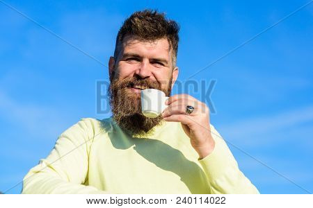 Man With Long Beard Enjoy Coffee. Coffee Taster Concept. Man With Beard And Mustache On Smiling Face