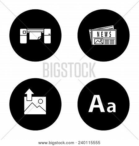Printing Glyph Icons Set. Polygraphy And Typography. Large Format Printer, Newspaper, Image Uploadin