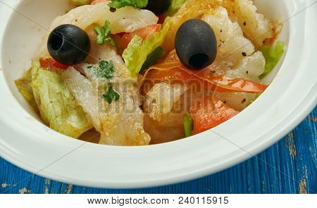 Esqueixada - Traditional Catalan Dish, A Salad Of Shredded Salt Cod, Tomatoes, Onions, Olive Oil And
