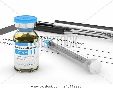 3d Render Of Nandrolone Decanoate Vial With Syringe And Prescrtiption Over White Background. Anaboli