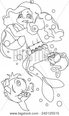 Little Mermaid Is Playing Ball With Friends, Unsportsmanlike Conduct. Cartoon Characters, Isolated, 