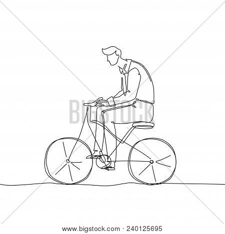 Boy Riding A Bicycle - One Continuous Line Design Style Illustration Isolated On White Background. A