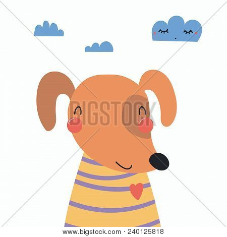 Hand Drawn Vector Illustration Of A Cute Funnny Dog In A Shirt, With Clouds. Isolated Objects. Scand