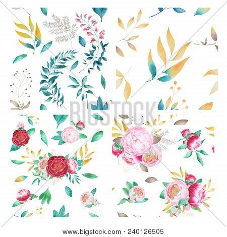 Seamless Summer Pattern With Watercolor Flowers Handmade. Watercolor Peony White Background