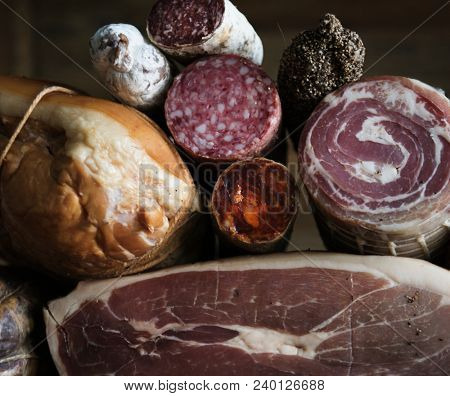 Closeup of charcuterie meat products