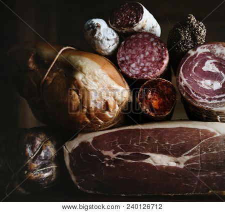 Closeup of charcuterie meat products