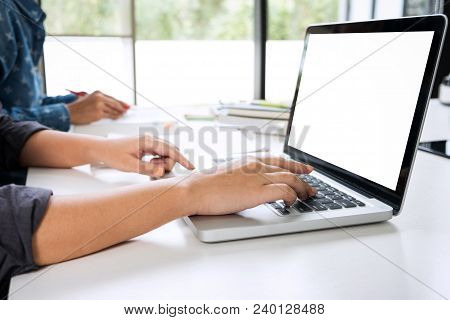 Tutor Book With Friends, Young Students Campus Or Classmates Helps Friend Catching Up Workbook And L
