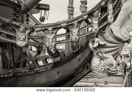 Genoa, Italy - May 14, 2017: Detail Of The Galleon Neptun Old Wooden Ship In Porto Antico In Genoa, 