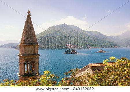 Beautiful Metiterranean Landscape. Montenegro. View Of  Bay Of Kotor With Two Small Islands (island 