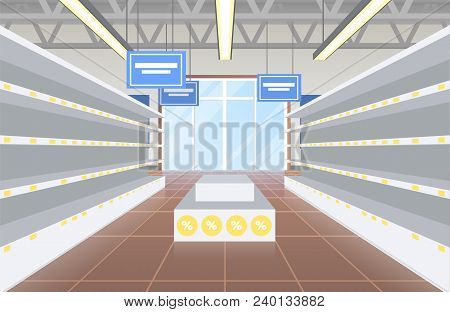 Supermarket With Empty Shelves Of Grey Color Sign Of Sale With Percent, Gley Rows, Floor And Constru