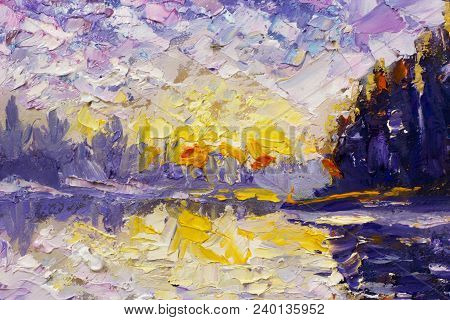 Palette Knife Fragment Painting Abstract Texture Backgroud Blue Violet Purple Morning On The River. 