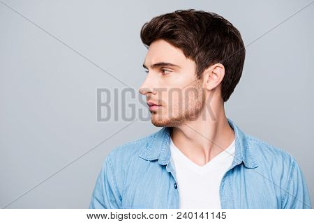 Advertisement Concept, Side View Half Face Profile With Copy Space Of Perfect, Attractive Man In Cas