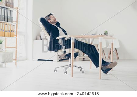 Side Profile View Full-length Full-size Portrait Of Excited Cheerful Delightful Thoughtful Careless 