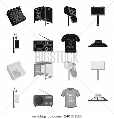 A Lamppost With A Sign, A T-shirt With An Inscription, A Radio, A Car Roof.advertising, Set Collecti