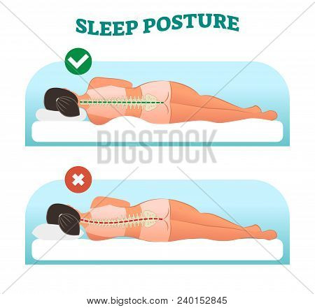 Correct And Healthy Sleeping Posture For Your Neck And Spine, Vector Illustration With Sleeping Fema