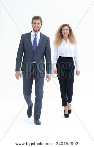 two successful employee confidently go forward
