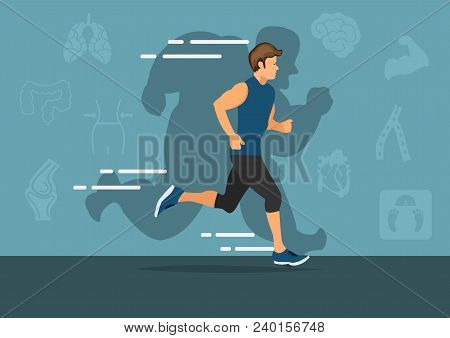 Silhouette Man Fat Black Turning Into Thin And Icons Health  On Blue Background Graphic.