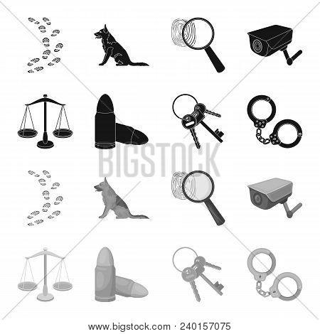 Scales Of Justice, Cartridges, A Bunch Of Keys, Handcuffs.prison Set Collection Icons In Black, Mono
