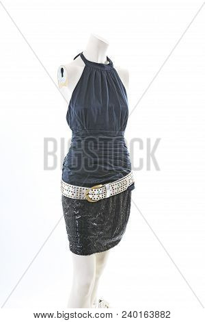 Black Mini Dress On Headless Mannequin Cloth Display Dressmaker Doll Figurine. Fashion Designer Clot
