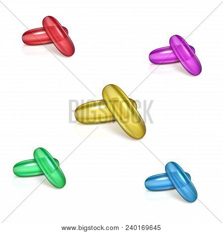 Different Color Cosmetic Capsules Of Vitamin Or Fish Oil. Golden Antibiotic Gel Pill Icon Template. 