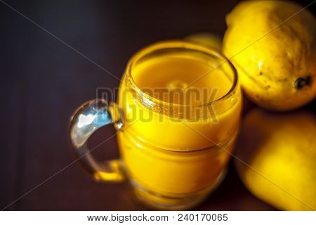 Popular Indian Asian Sweet Dessert Dish Eaten At The Time Of Lunch ‘aam Ras’ Juice Of Kesar Kair Wit