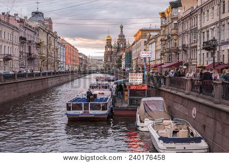 St. Petersburg, Russia - July 06, 2017: Boats  With Tourists On The Griboyedov Canal, Near The Savio