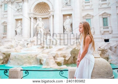 Adorable Little Girl Background Trevi Fountain, Rome, Italy. Happy Toodler Kid Enjoy Italian Vacatio