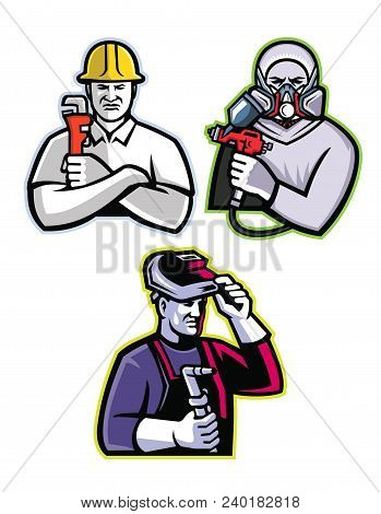 Mascot Icon Illustration Set Of Tradesman Like The Pipefitter Or Plumber, Automotive Or Industrial S