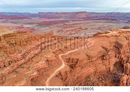 Aerial view of Hurrah Pass and 4WD trail in Moab area, Utah, morning scenery