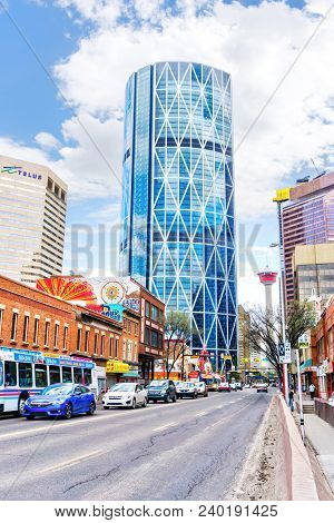 Calgary, Canada - May 6, 2018: Calgary Chinatown In Downtown Financial District With The Bow And Its