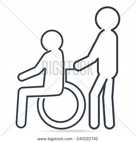 Man Pushing Wheelchair Of Man Patient Or Eldery Man Icon. Medical Care Concept, Simple Line Style Il